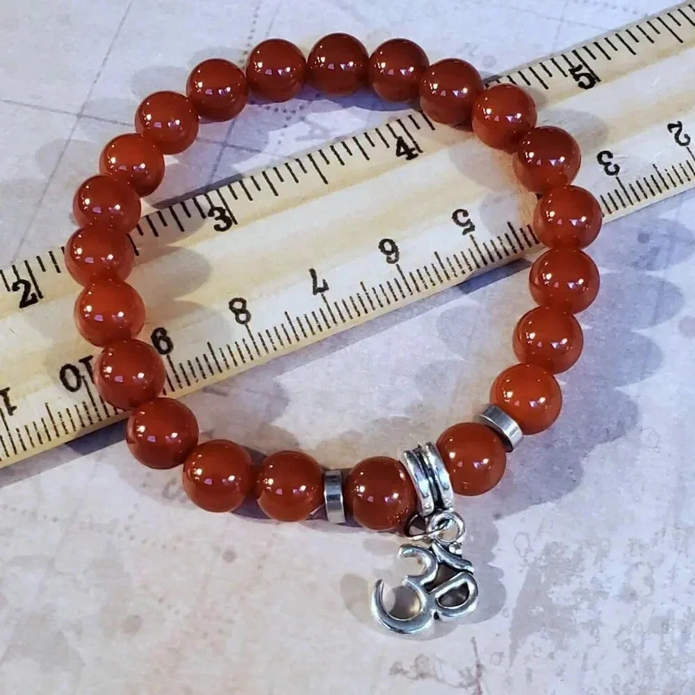 Om Aum Zen Mantra Red Carnelian Gemstone Stretch Bracelet - Picture 7 of 7